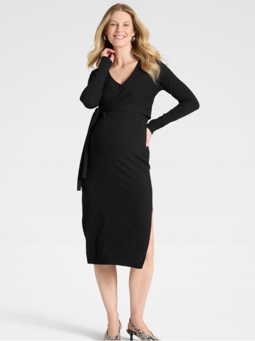 NWT Isabel Maternity by Ingrid & Isabel Black Long Sleeve Wrap Midi Dress Small